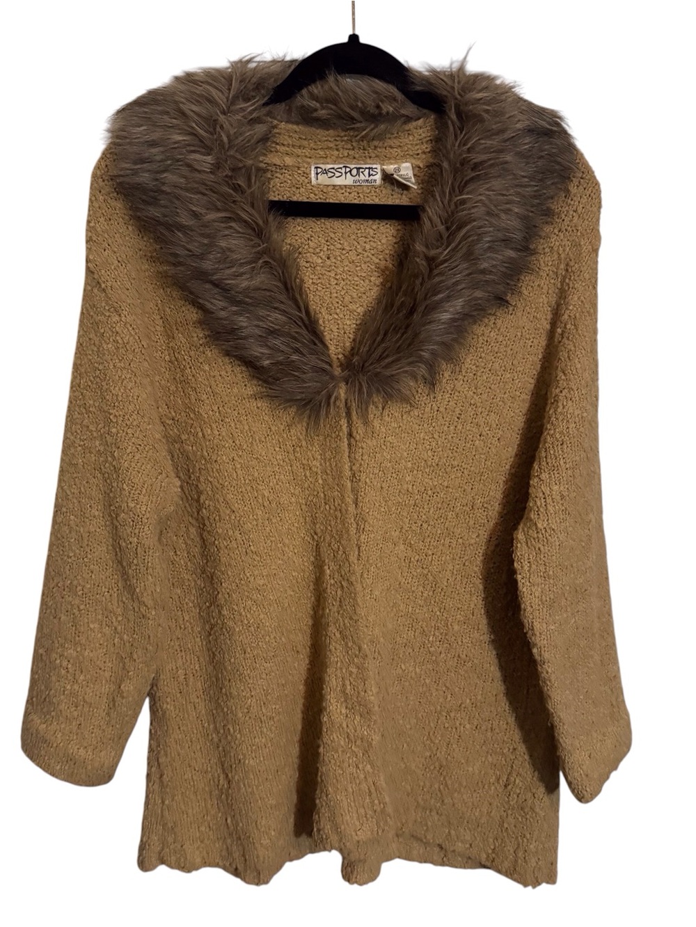Passports Vintage Size 2X Brown Faux Fur Collar Cardigan Knit Boho Hippie Y2K